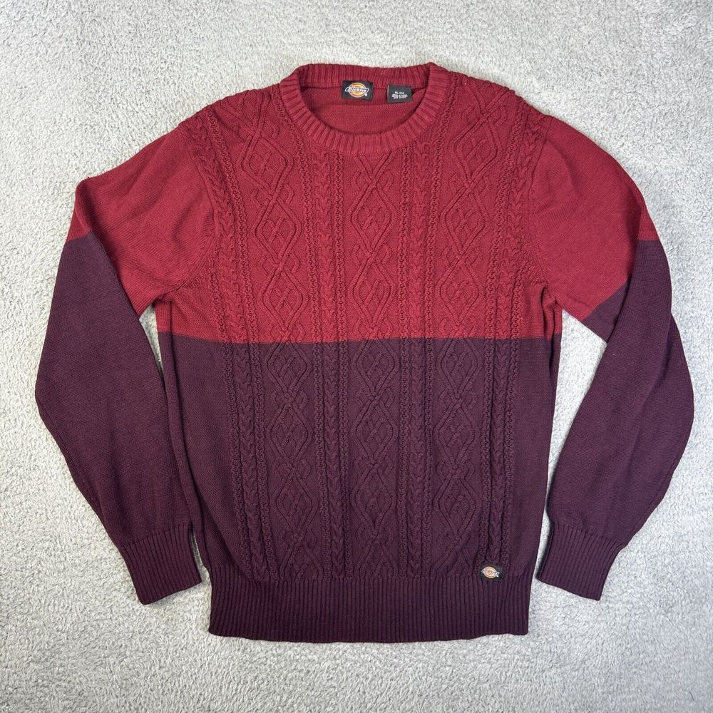 Dickies Sweater Mens‎ XL Red Maroon Cable Knit Chunky Pullover Sweatshirt